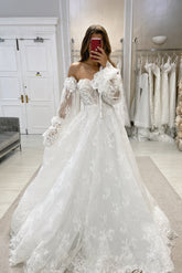 Fabulous White A-Line Strapless Lace Off-The-Shoulder Long Sleeves Chapel Train Wedding Dress